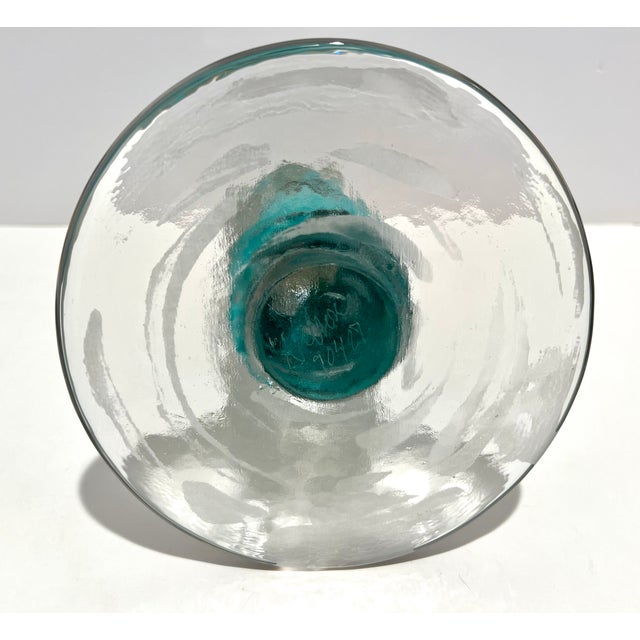 Transparent Signed Stephen Rich Nelson Studio Art Glass Sculpture 1990 Turquoise Ribbon Aventurine Bubble Glass Paperweight 10.5” For Sale - Image 8 of 10