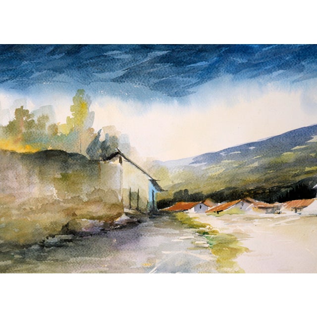 Late 20th Century Village at the Base of the Andes Mountains - Watercolor Landscape on Paper by Erazo For Sale - Image 5 of 6