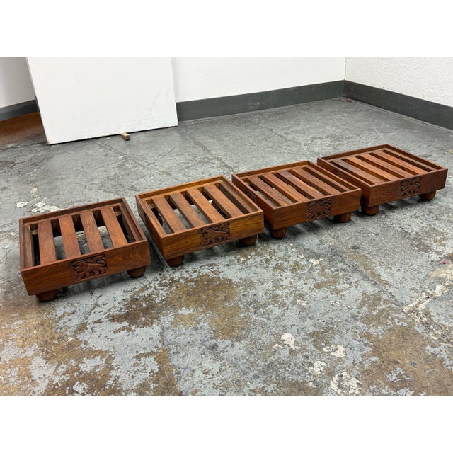 Vintage Carved Wood Slatted Platform Stands, Set of Four For Sale In San Francisco - Image 6 of 12