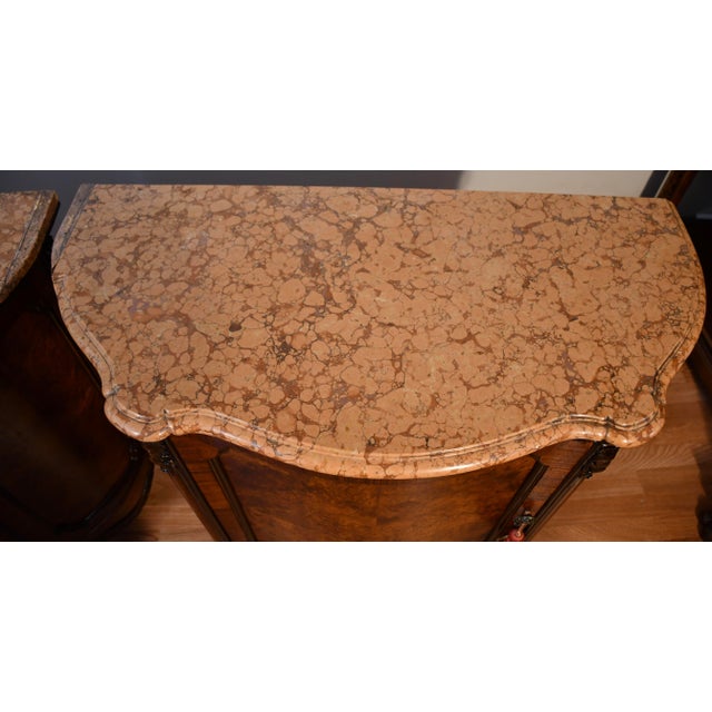 French 1890s Antique French Louis XV Burl Walnut Marble Top Pair of Cabinets Credenzas For Sale - Image 3 of 18