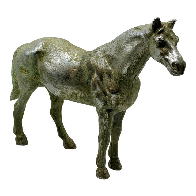 Vintage Cast Metal Horse Figurine With Aged Silver Patina For Sale