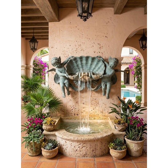 Vintage Bronze Wall Fountain With Cherubs and Scallop Shell For Sale In West Palm - Image 6 of 12
