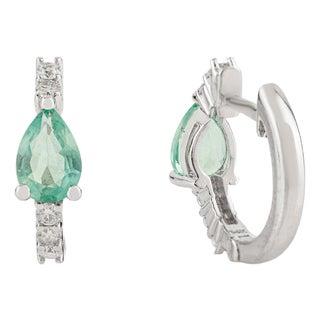 Trendy Pear Cut Emerald & Diamond Huggie Hoop Earrings in 14k Gold Fine Jewelry- A Pair For Sale