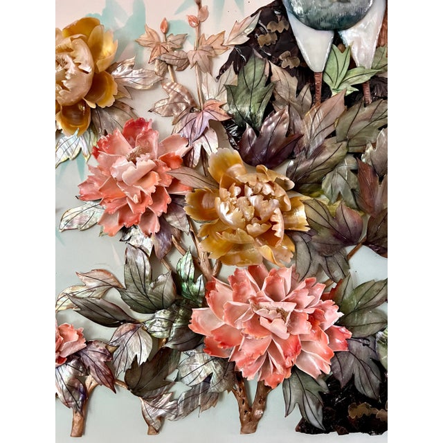 Asian Chinese 3-D Shell Relief Art Sculpture Peonies and Peacocks For Sale In New York - Image 6 of 9