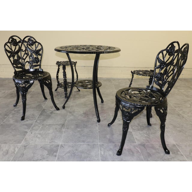 Late 20th Century 1950s Rose-Pattern Cast Iron and Aluminum Garden Bistro Set With Two Plant Stands, 5 Pieces For Sale - Image 5 of 16