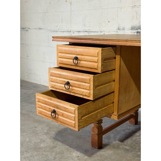 In Style of Henning Kjærnulf Oak Executive Desk With 6 Drawers Open Bookshelf Denmark Mid-Century Modern 1960s For Sale - Image 4 of 13