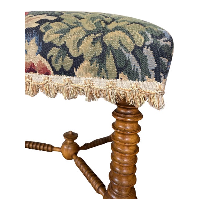 Vintage Jacobean Tapestry Hall Bench With Turned Wood Legs, Scalloped Fringe & Upholstered Floral Seat For Sale - Image 12 of 12