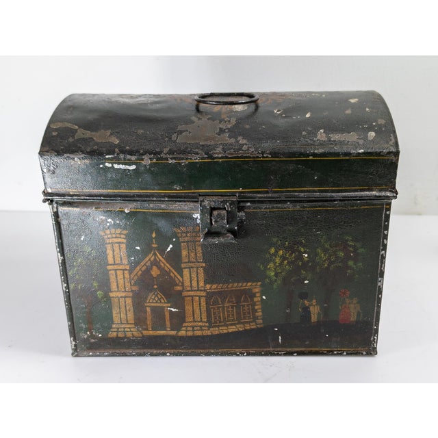 We are selling this interesting Primitive rustic Toleware box. This tole painted tin box has dome top and typical...