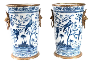 Blue and White Chinoiserie Porcelain Urns, Set of 2