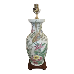 Late 20th Century Floral Ceramic Table Lamp With Celadon Glaze, Mahogany Base and Solid Brass Lid