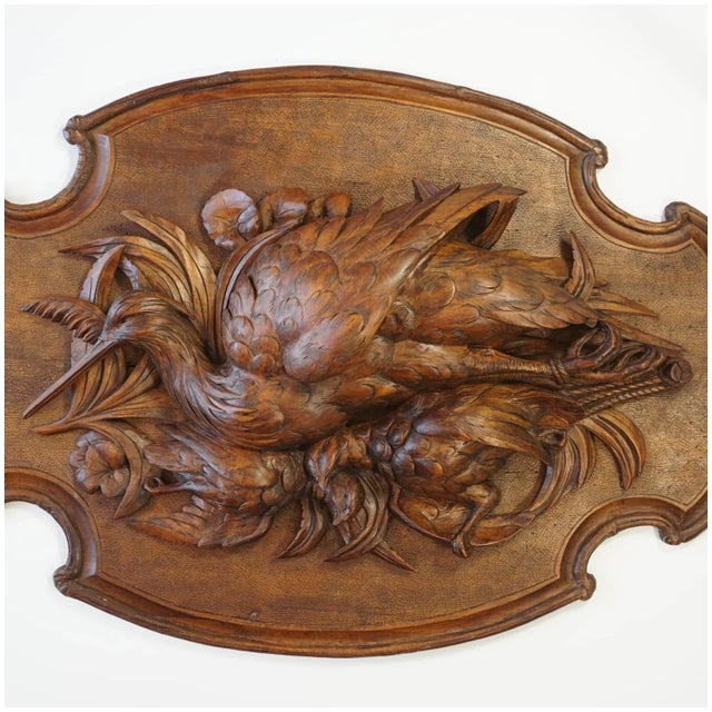 Traditional Antique Black Forest Carved Wood Wall Plaque 32" Large Hunting Trophy Fruits of the Hunt Game Birds Animals For Sale - Image 3 of 10