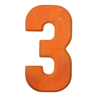 1960s Rustic Neon Orange “3” Sign Beveled Number For Sale