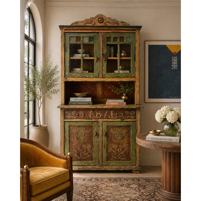 1871 Scandinavian Folk Art Step-Back Cupboard With Original Decorative Glass For Sale - Image 4 of 13
