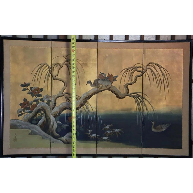 Mid 20th Century Vintage Japanese Four Panel Byobu Screen: Mandarin Ducks by Snowy Pond in Early Spring For Sale - Image 5 of 12