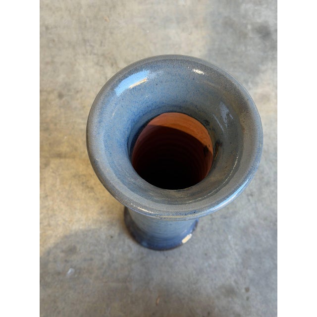 Cylinder Umbrella Vase Mottled Blue Studio Pottery Ribbed Tall Mid 20th Century For Sale - Image 9 of 10