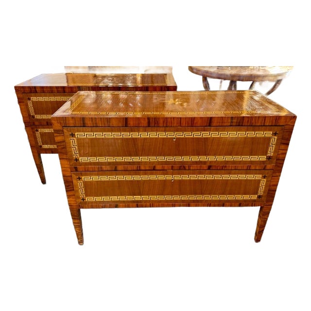 Pair of Italian Walnut Commodes With Inlaid Greek Key Pattern For Sale