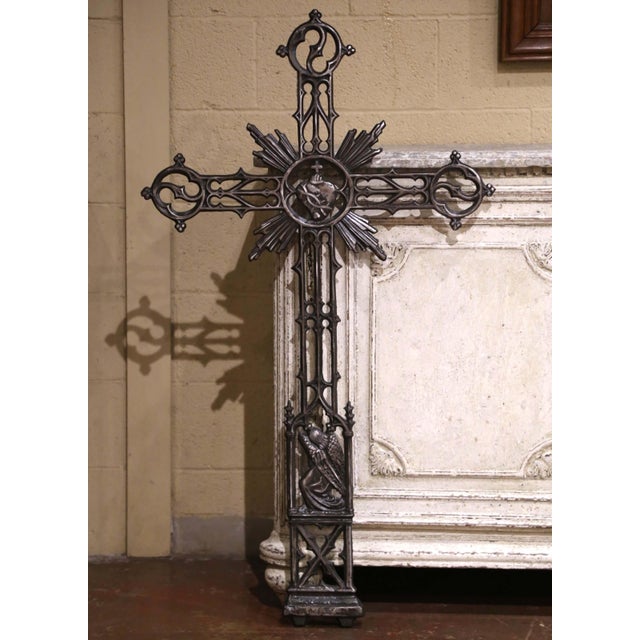 Metal 19th Century French Gothic Revival Polished Cast Iron Sacred Heart Altar Cross For Sale - Image 7 of 7
