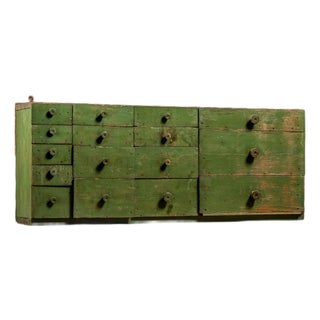 Mid 20th Century Industrial Green Salvaged Wood Multi-Drawer Cabinet For Sale