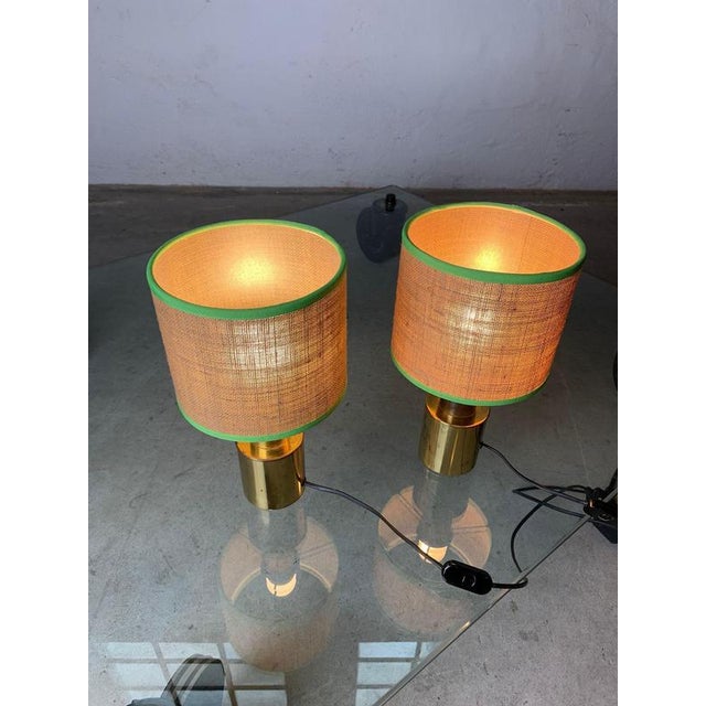 Metal Table Lamps with Brass Structure and Straw Lampshades, 1970, Set of 2 For Sale - Image 7 of 18