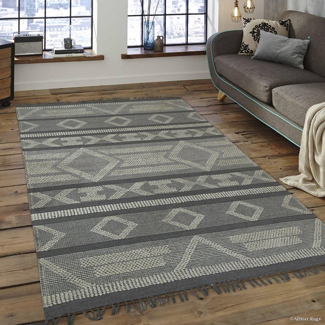 Textile 8x10 Vibrant Iris Gray Tribal Geometric Contemporary Handmade Wool Carpet Rug For Sale - Image 7 of 9
