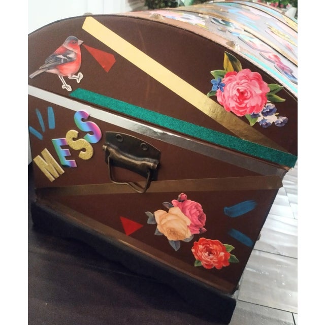 Custom Made One of a Kind Mixed Media Art Covered Faux Leather Checkered Large Storage Trunk Art For Sale In West Palm - Image 6 of 11