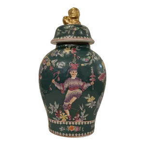 Vintage Green Oval / Flatt Chinoiserie Ginger Jar