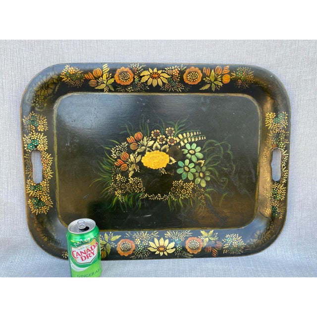 Black Antique Hand Painted Tole Serving Tray For Sale - Image 8 of 12