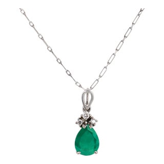 Vintage 1.60 Carat Emerald Diamond 14k White Gold Platinum Necklace For Sale