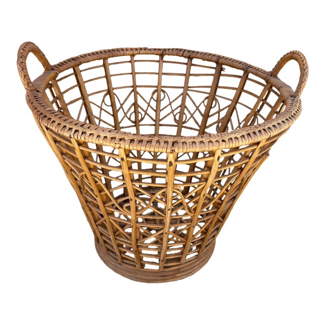 Vintage Rustic European Woven Wicker/Rattan Wastebasket For Sale