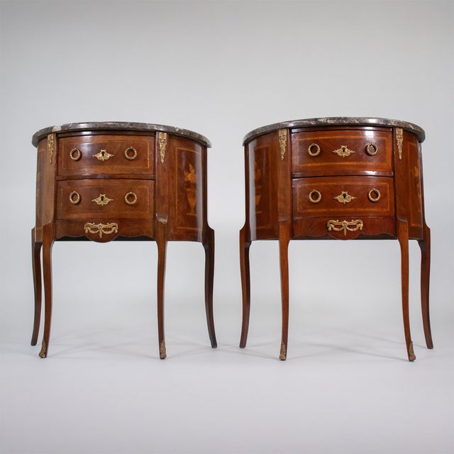 French Pair of Vintage French Louis XVI Style Demilune Console Tables With Marble Tops For Sale - Image 3 of 18