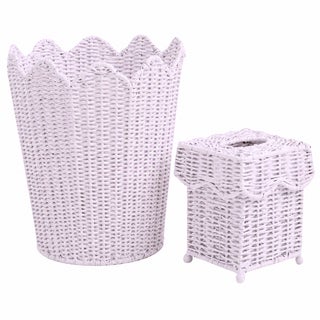 Pale Pink Scalloped Wicker Wastepaper Basket & Tissue Holder Set For Sale