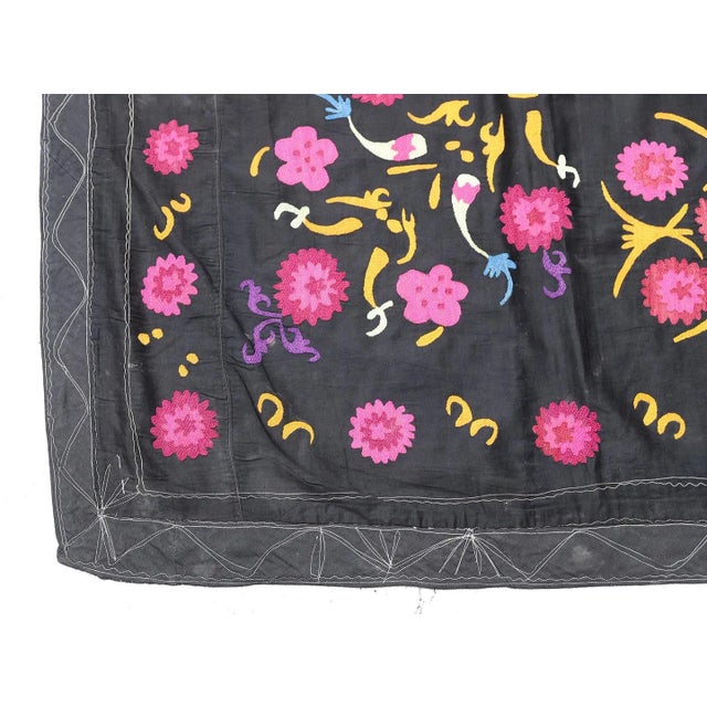 Textile 1950s Vintage Black Suzani | Vintage Silk Hand-Embroidered Uzbek Suzani Wall Hanging. For Sale - Image 7 of 8