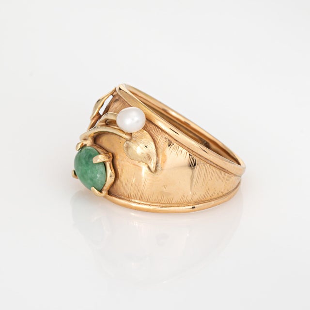 1970s 1970s 70s Vintage Jade Pearl Leaf Ring Sz 9 Wide Cigar Band Estate Fine Jewelry For Sale - Image 5 of 7