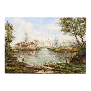 19th Century Austrian Oil Painting Depicting a Hamlet Along a Stream by Anton Brioschi