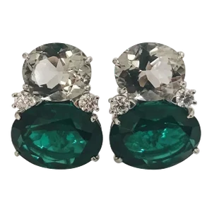 Christina Addison 18kt White Gold Large Gum Drop™ Earrings With Pale Green Amethyst and Deep Green Topaz and Diamonds.