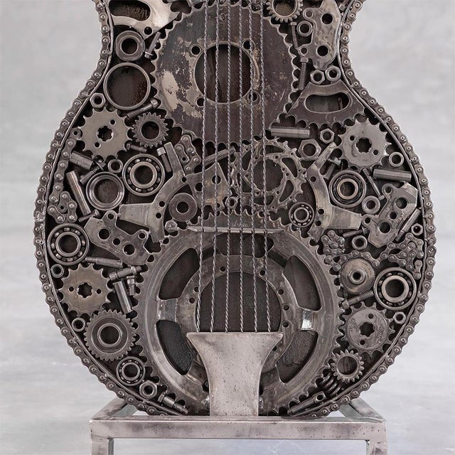Handcrafted Recycled Metal Guitar Sculpture with Industrial Gears by Azele Studio For Sale - Image 4 of 11