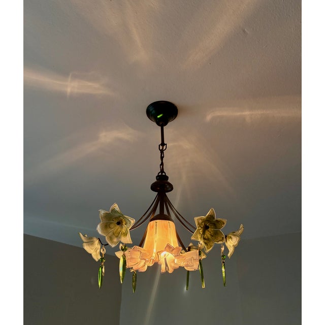 Postmodern Vintage Murano Style Chandelier – Rare Pink & Green Art Glass For Sale - Image 3 of 13