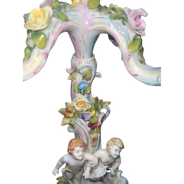 Ceramic Pair of Meissen Style Porcelain Five-Arm Candelabras. Germany, 20th Century. For Sale - Image 7 of 10