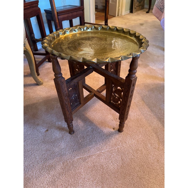 1960s Small Moroccan Engraved Brass Tray With Scalloped Top on Carved Stand For Sale - Image 4 of 8