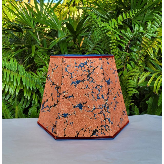 Not Yet Made - Made To Order Large Marbled Paper Lampshade Burnt Orange Blue Cream Black Rust Hexagon For Sale - Image 5 of 11