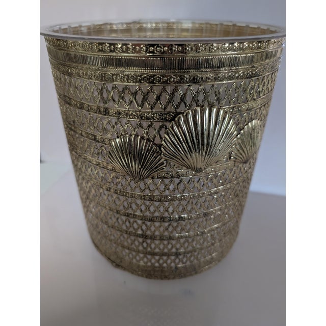 Hollywood Regency Hollywood Regency Gold Metal Filigree Wastebasket Sea Shell Feet For Sale - Image 3 of 10