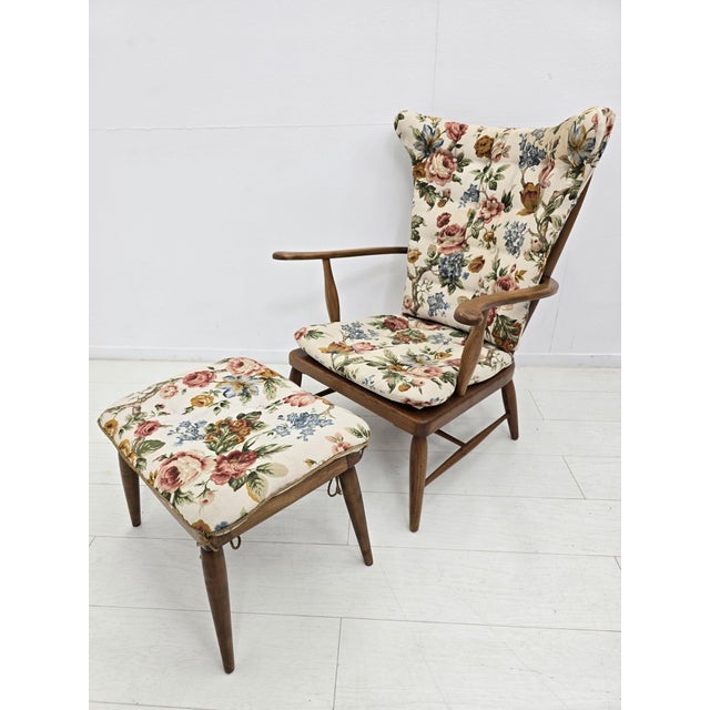 Set of Lounge Chair and Ottoman in Upholstered Walnut by Anna-Lülja Praun, Austria, 1950s For Sale - Image 4 of 18