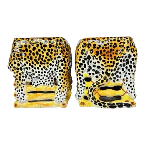 Italian Terracotta Glazed Leopard Stools Animalia Vintage - Set of 2