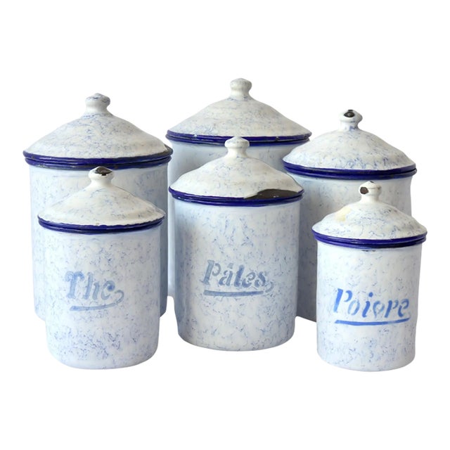 1920s French Enameled Metal Kitchen Canisters For Sale