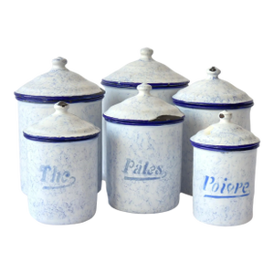 1920s French Enameled Metal Kitchen Canisters