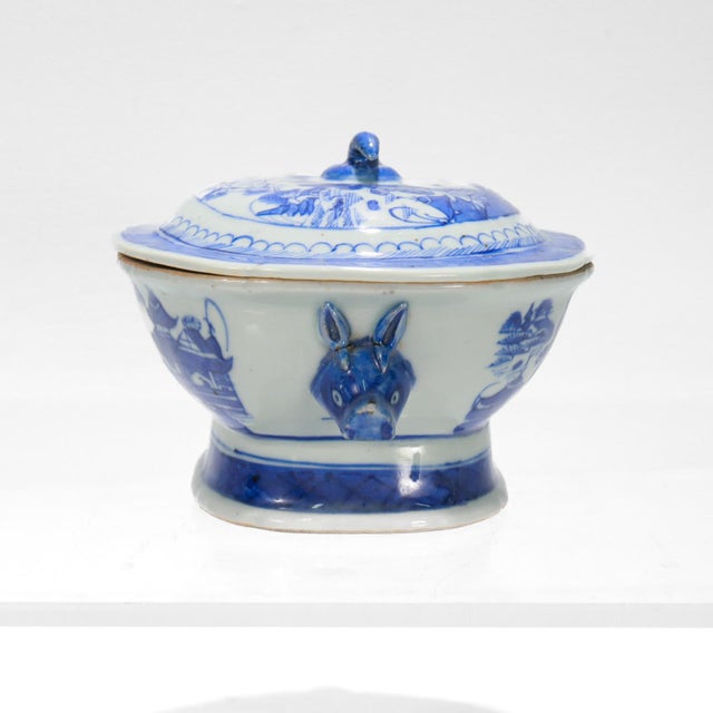 Early 19th Century Antique Blue & White Canton Chinese Export Porcelain Miniature Sauce Tureen For Sale - Image 5 of 12