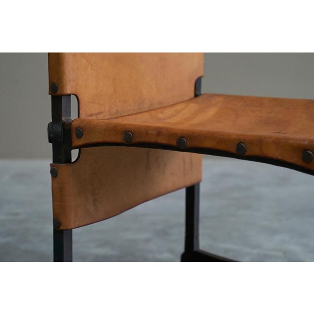 Vintage Brutalist High Back Chair in Wrought Iron and Patinated Cognac Leather, 1950s For Sale - Image 14 of 18
