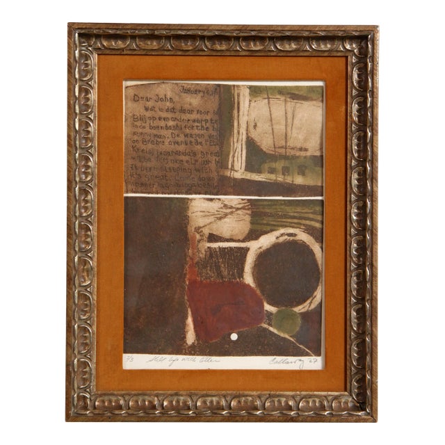 Vintage Mid Century Modern Abstract Aquatint Print by Callaway Titled "Still Life With Letter" For Sale