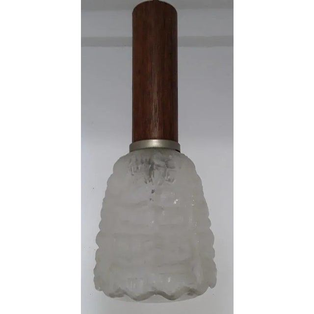 Ceiling Lamp with Frosted Relief Glass Shade & Teak Veneered Mount, 1960s For Sale - Image 4 of 5