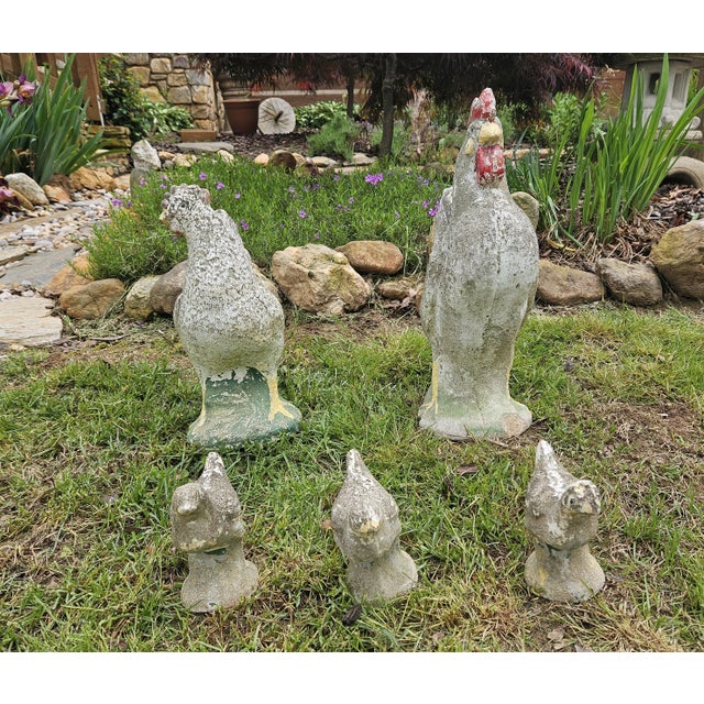 Mid 20th Century Mid 20th Century Concrete Rooster, Hen and Chicks Garden Ornaments - 5 Pieces For Sale - Image 5 of 12